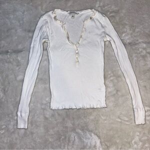 Y2K Banana Republic White V-Neck Ribbed Long Sleeve Top Size XS